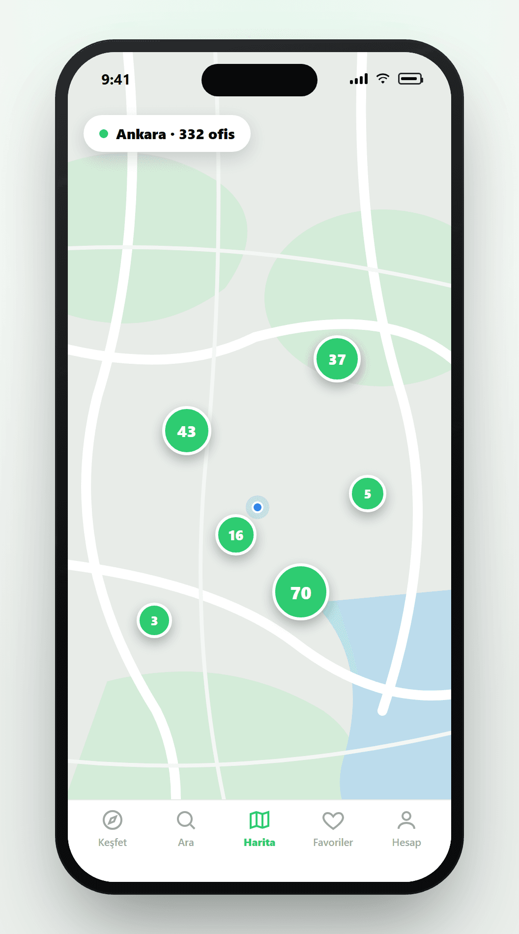Ofisler.net mobil uygulama — harita görünümü